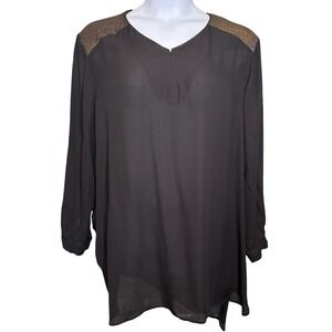 Sejour Womens Black Sheer Long Sleeve V Neck Tunic Top Size 24W Flowy Minimalist